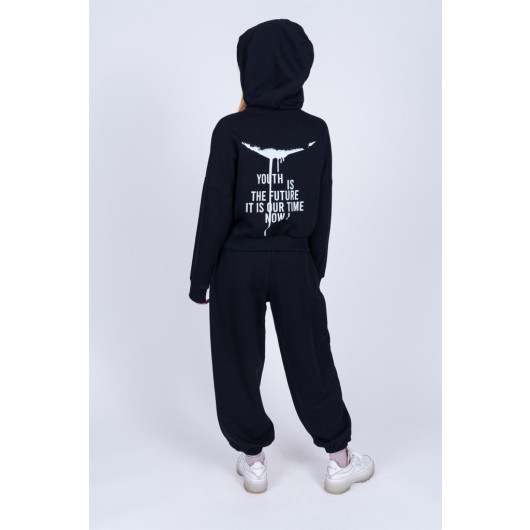 09-15 Years Old Girl Black Color Hooded Back Printed Double Set