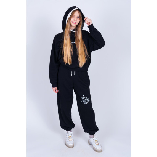 09-15 Years Old Girl Black Color Hooded Back Printed Double Set