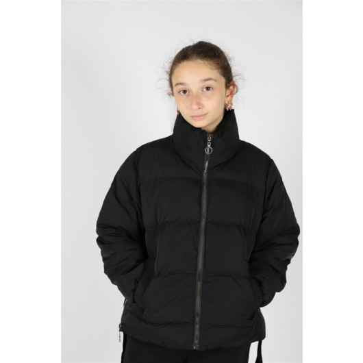 10-14 Years Old Girl Black Zipper Detailed Coat