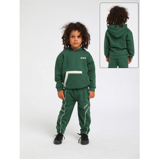 12 Months - 5 Years Old Baby Boy Green Color Kangaroo Pocket Hooded Set