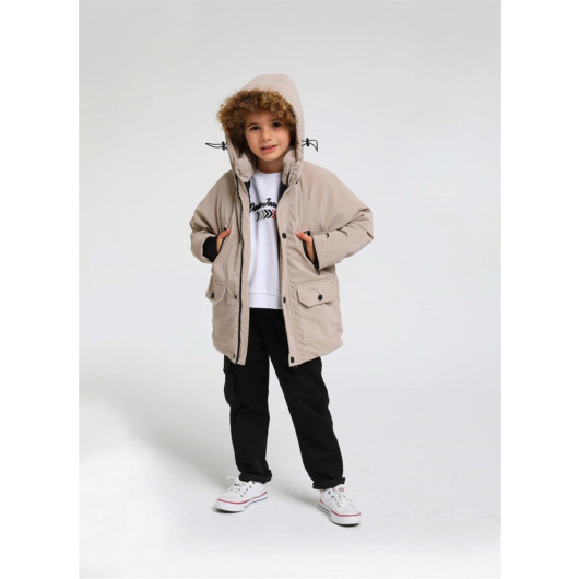 18 Months-6 Years Old Baby Boy Beige Color Hooded Coat