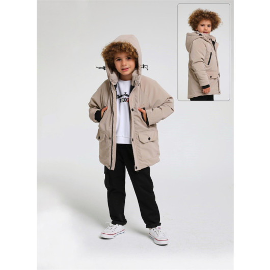 18 Months-6 Years Old Baby Boy Beige Color Hooded Coat