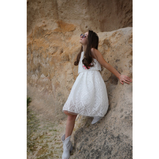 فستان بناتي لون أبيض لعمر بين 02 - 14 سنة