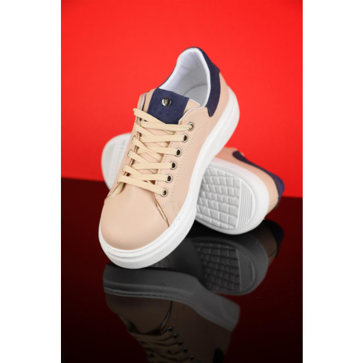 Number 31 - 35 Girls Beige-Blue Sneaker Shoes