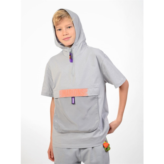Boy Kangaroo Pocket Hooded Gray T-Shirt