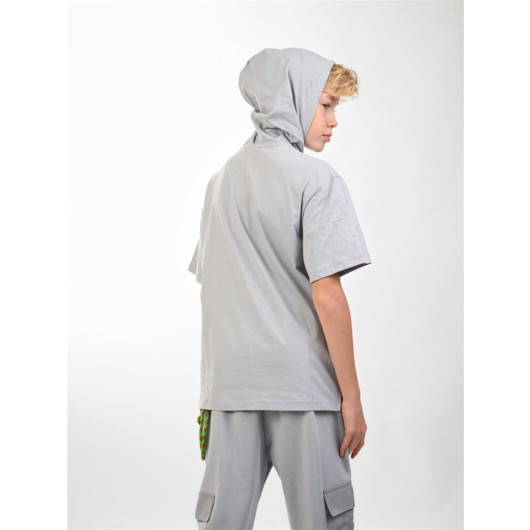 Boy Kangaroo Pocket Hooded Gray T-Shirt