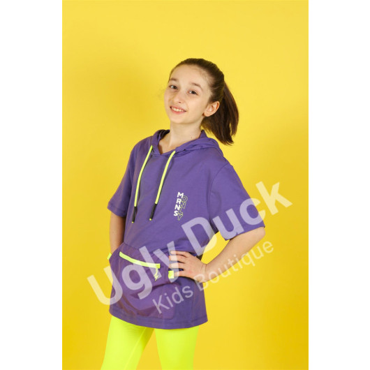 Girl's Front Pockets Hooded Purple T-Shirt