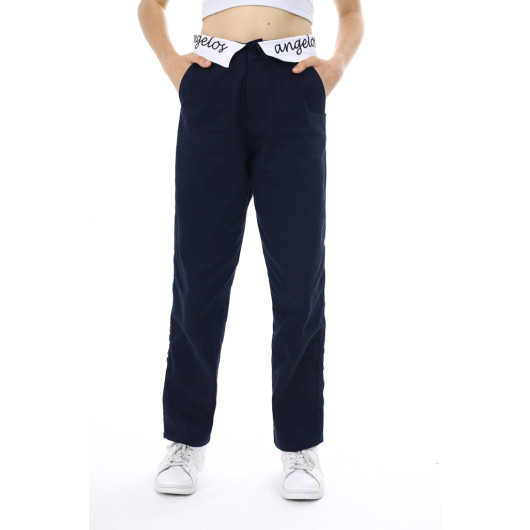 Girls' Waist Embroidered Gabardine Trousers 9-14 Years