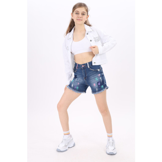 Girls' Paint Printed Destroy Detailed Jean Shorts 7-14 Years