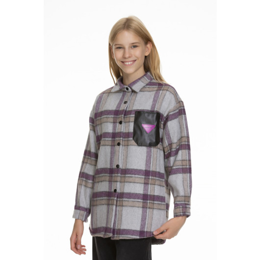 Girl's Leather Pocket Plaid Shirt 9-14 Years