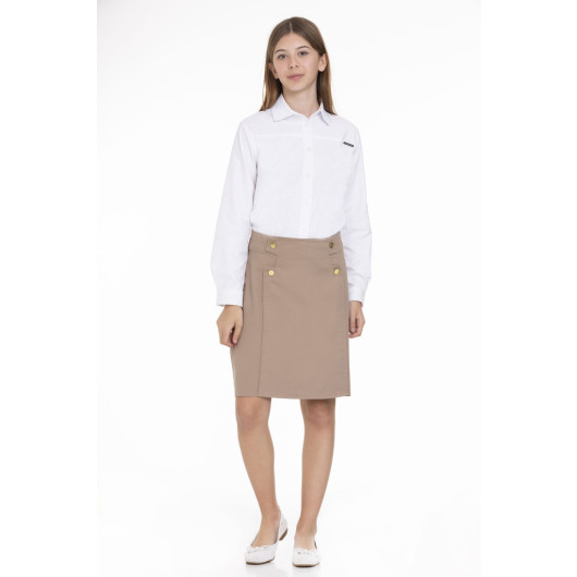 Girl Button Detailed Gabardine Skirt 9-14 Years