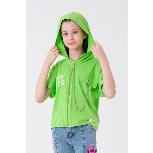 Girl Child Zipper And Chain Attached T-Shirt 7-14 Years