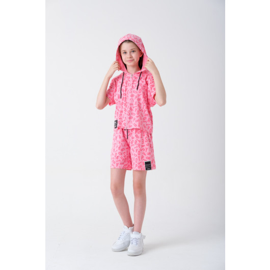 Girl's Letter Printed Hooded Shorts Set 7-14 Years