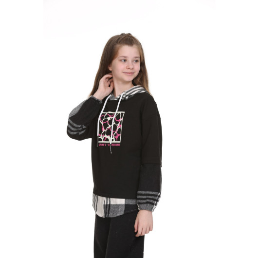 Girl's Hooded Plaid Garnish Sweatshirt 9-14 Years