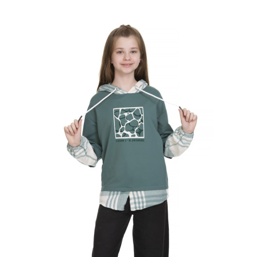 Girl's Hooded Plaid Garnish Sweatshirt 9-14 Years