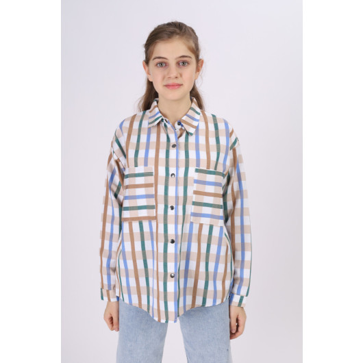 Girl's Square Patterned Plaid Shirt 9-14 Years