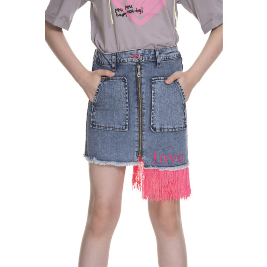 تنورة جينز بناتي مزينة بشراشيب لون زهري 3-13 سنة