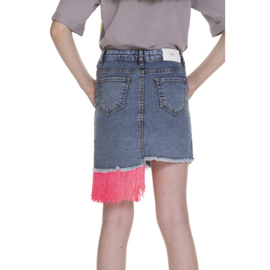 تنورة جينز بناتي مزينة بشراشيب لون زهري 3-13 سنة