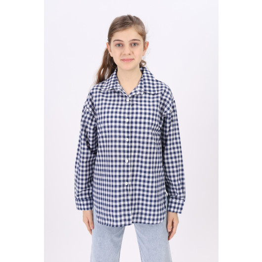 Girls' Gingham Patterned Plaid Shirt 9-14 Years