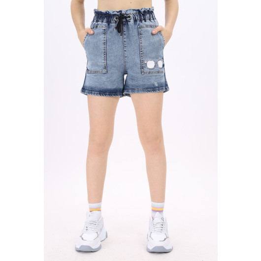 Blue Girl's Elastic Waist And Corded Jean Shorts 8-14 Years