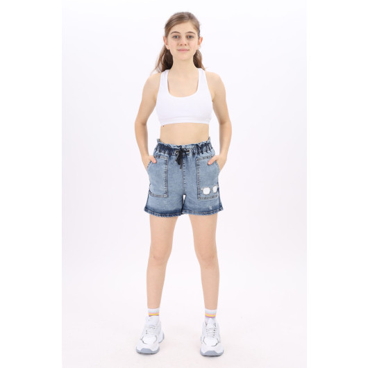 Blue Girl's Elastic Waist And Corded Jean Shorts 8-14 Years