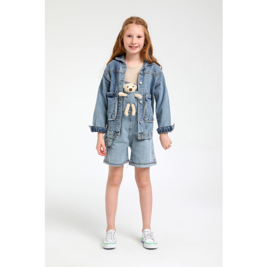 Girl's Teddy Bear Denim Shorts Salopet