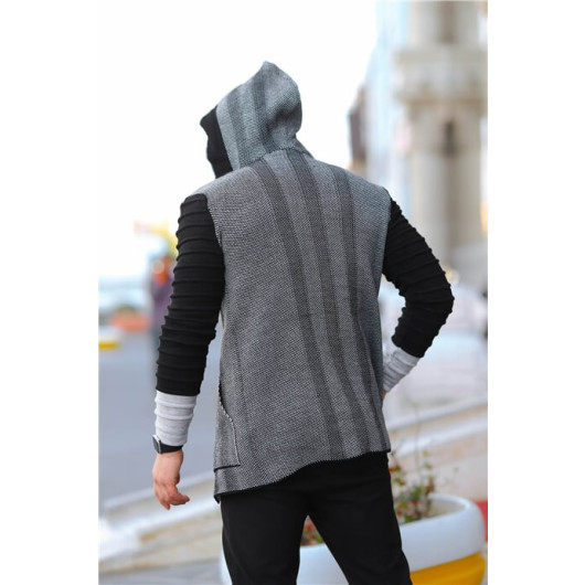 Men's Sleeves Patterned Poncho Cardigan Light Gray