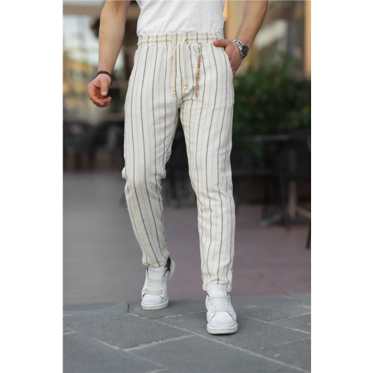 Wooden Accessory Detailed Elastic Waist Striped Knitted Trousers - Blueblack