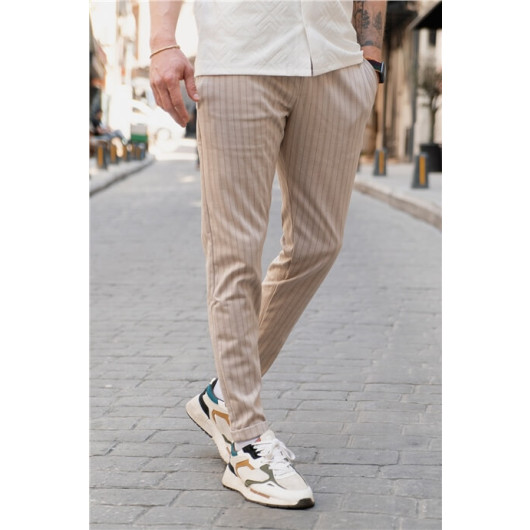 Men's Striped Fit Jogger Waist Trousers Beige