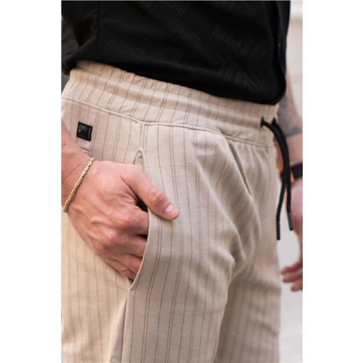 Men's Striped Fit Jogger Waist Trousers Beige