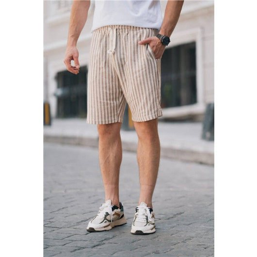 Men's Striped Cotton Knitted Shorts Beige