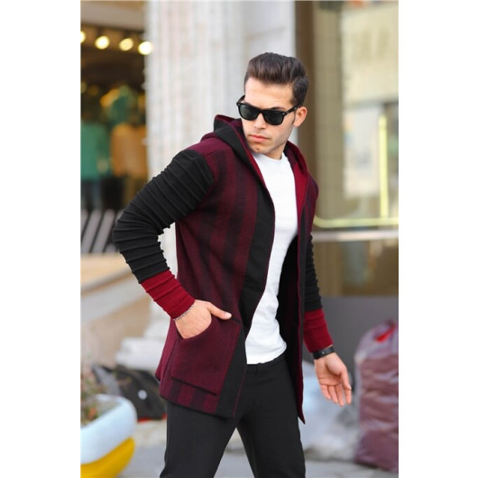 Claret Red Men's Sleeves Patterned Poncho Cardigan