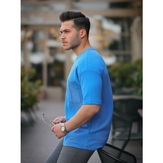 Pocket Detailed Oversized Knitted T-Shirt - Blue