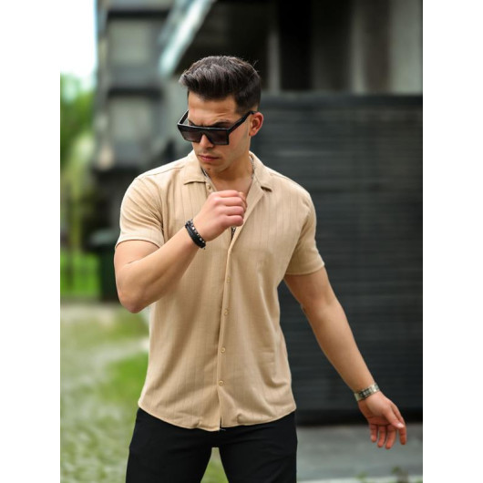 Line Patterned Short Sleeve Fitted Shirt - Beige