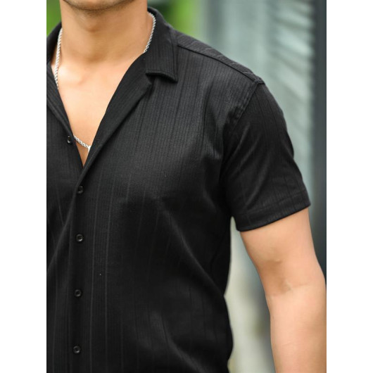 Line Pattern Short Sleeve Fit Shirt - Black