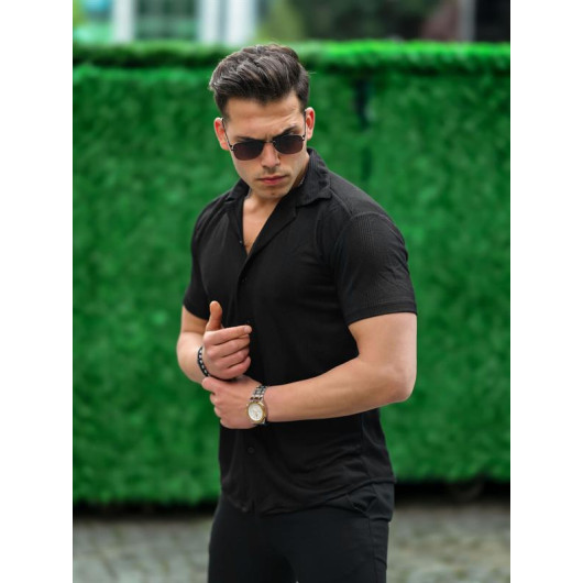 Striped Short Sleeve Fitted Shirt - Black
