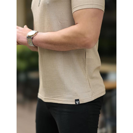 Striped Textured Fit T-Shirt - Beige
