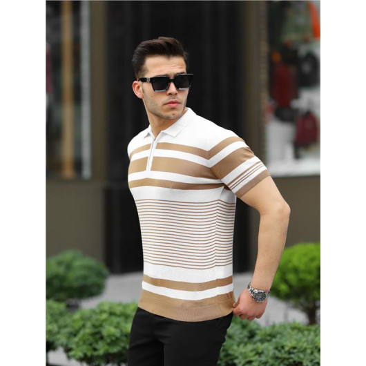Striped Fit Knitwear Polo Neck T-Shirt - Beige