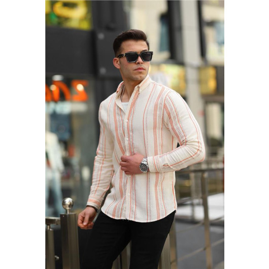 Striped Cotton Knit Shirt - Orange