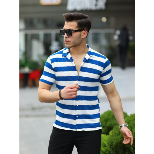 Striped Cotton Knit Premium Fit Shirt - Blue