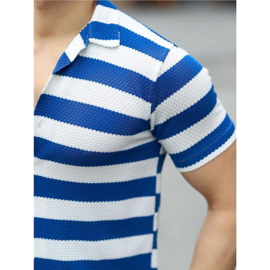 Striped Cotton Knit Premium Fit Shirt - Blue