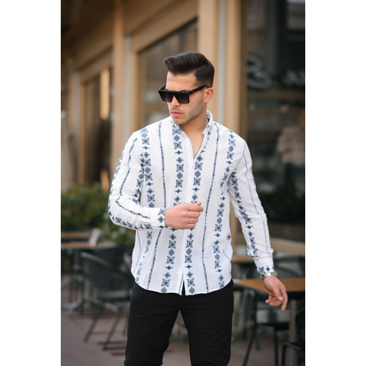 Ethnic Pattern Printed Straight Striped Casual Shirt