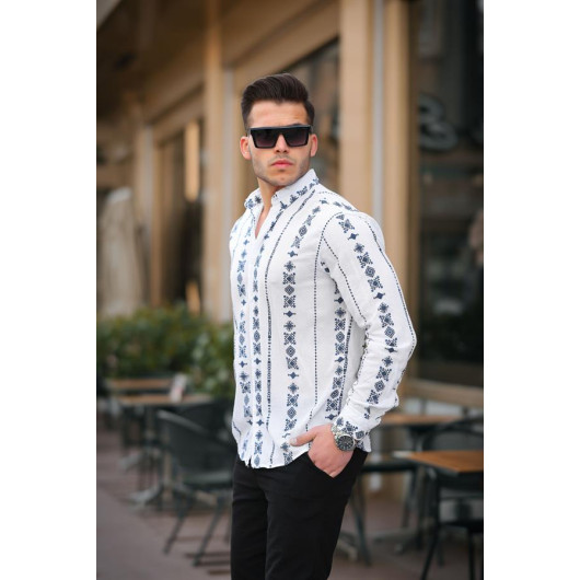 Ethnic Pattern Printed Straight Striped Casual Shirt