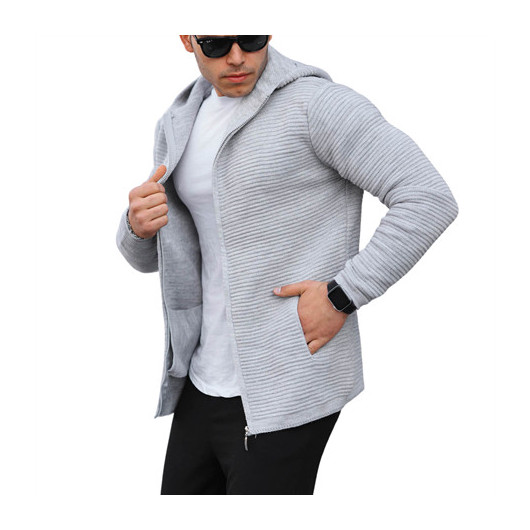 Zipper Striped Knit Knitted Hoodie Sweater Cardigan - Light Gray