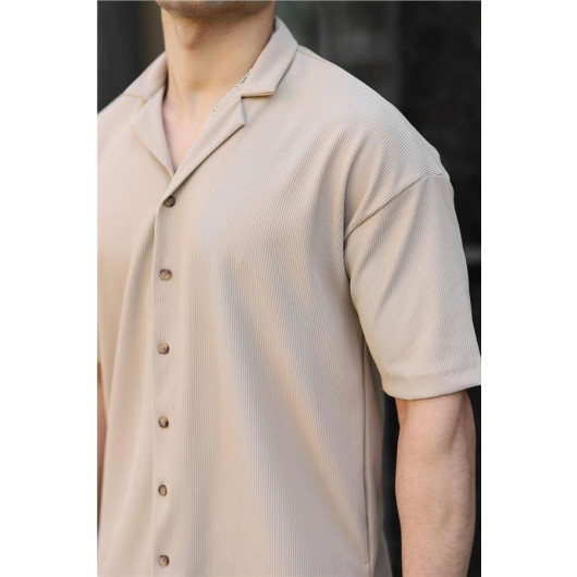 Ribbed Bowling Collar Short Sleeve Shirt -Beige