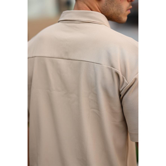 Ribbed Half Zipper Oversize T-Shirt - Beige