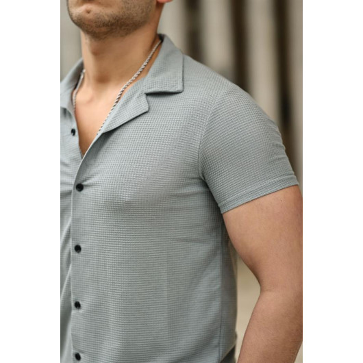 Wafer Pattern Short Sleeve Fitted Shirt - Gray