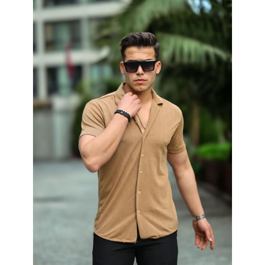 Jacquard Knitted Patterned Short Sleeve Fitted Shirt - Beige