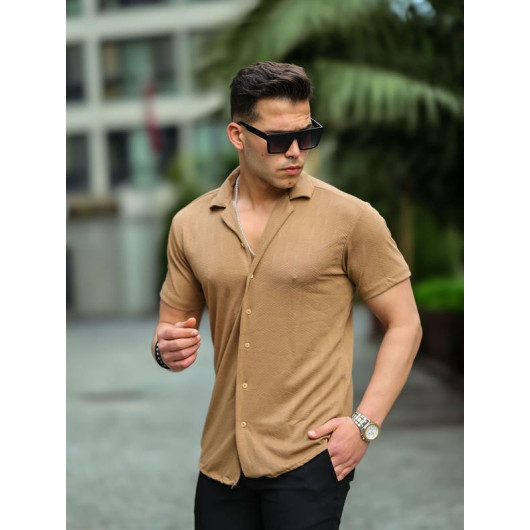 Jacquard Knitted Patterned Short Sleeve Fitted Shirt - Beige