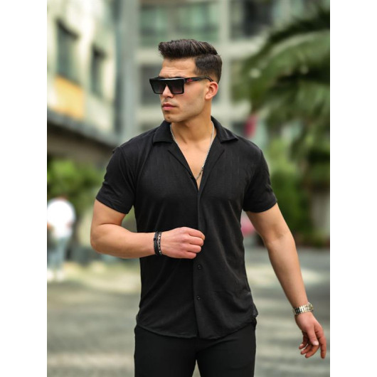 Jacquard Knitted Pattern Short Sleeve Fitted Shirt - Black